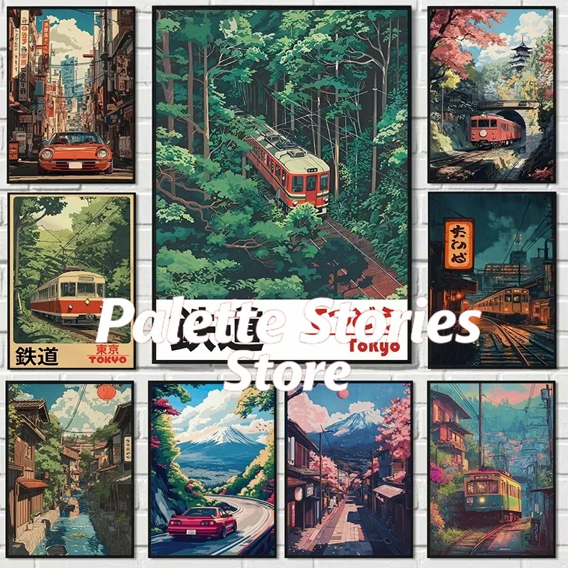 Japanese Tokyo Lifestyle - ภาพวาดสีน้ำมันแบบไม่มีกรอบ 1 ชิ้น ระบายสีตามตัวเลข ภาพรถไฟโตเกียวสไตล์เรโทร วินเทจ