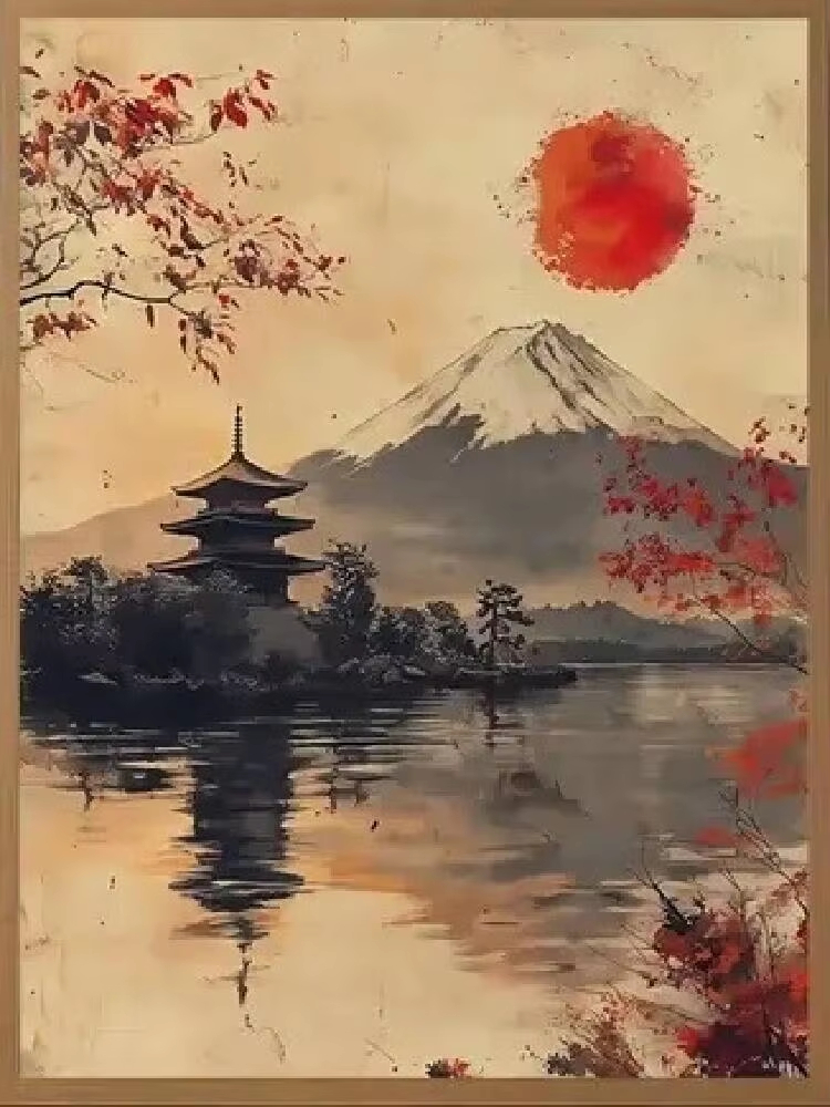 Japanese Lifestyle Movie - ภาพวาดสีน้ำมันตามตัวเลข สไตล์ญี่ปุ่น ทิวทัศน์พระอาทิตย์สีแดง งานศิลปะบนผ้าใบ ตกแต่งผนังสำหรับห้องหรือห้องนั่งเล่น ของขวัญแบบไม่มีกรอบ
